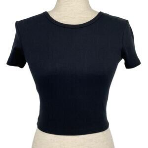PULL&BEAR Black Ribbed Fitted Short Sleeve Crop Top Shirt Size Medium Stretch